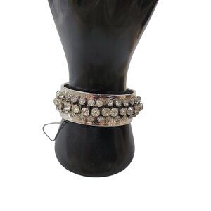 Rhinestone Vintage Hinged Bangle Bracelet Silver Tone Saftey Chain 6.5' Boho